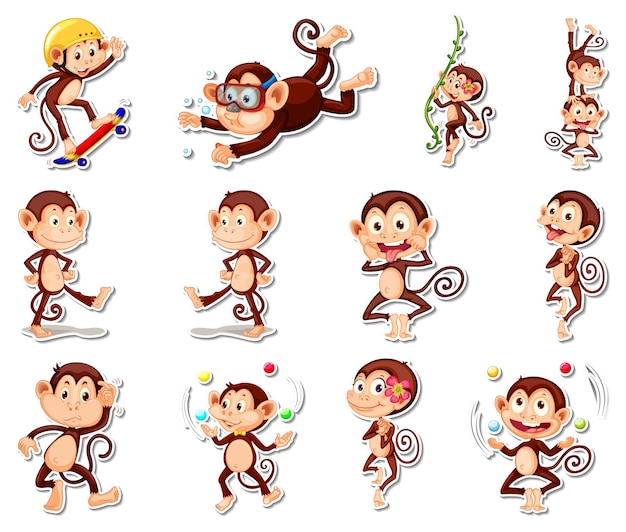 Sticker set of funny monkey cartoon characters