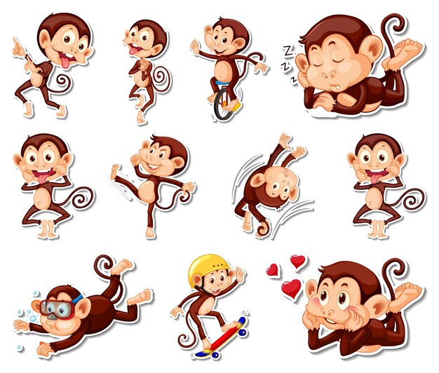 Sticker set of funny monkey cartoon characters