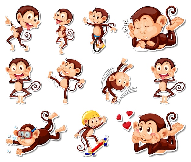 재미 있는 원숭이 만화 캐릭터의 스티커 세트