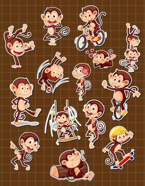 Sticker set of funny monkey cartoon characters