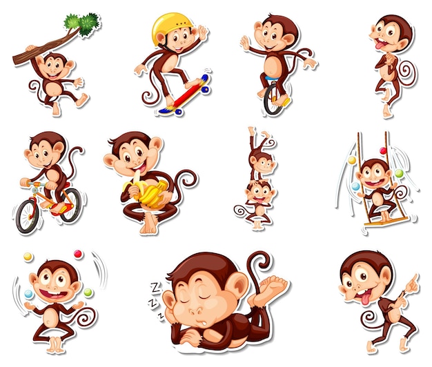 Vettore gratuito set di adesivi di divertenti personaggi dei cartoni animati di scimmia