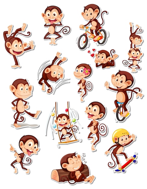 Sticker set of funny monkey cartoon characters