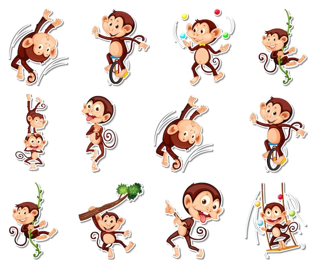 Vettore gratuito set di adesivi di divertenti personaggi dei cartoni animati di scimmia