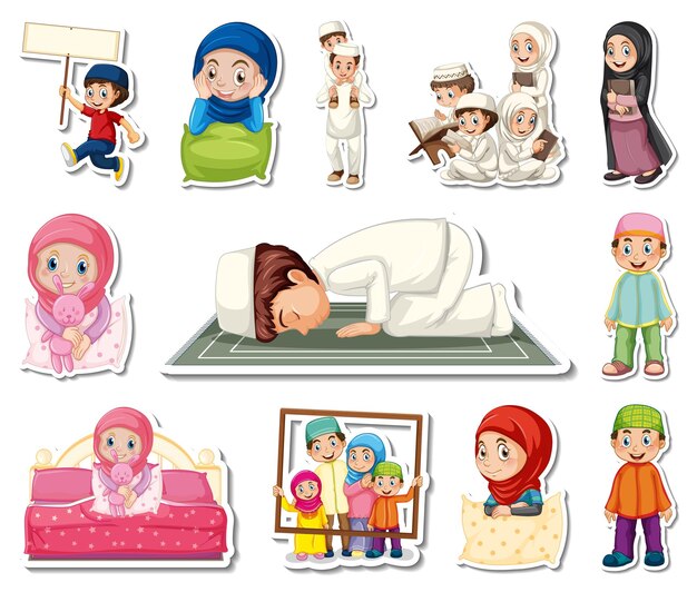 Sticker set of Islamic religious symbols and cartoon characters