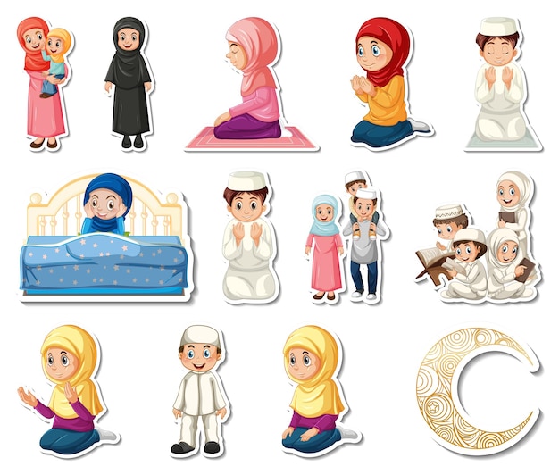 Free vector sticker set of islamic religious symbols and cartoon characters