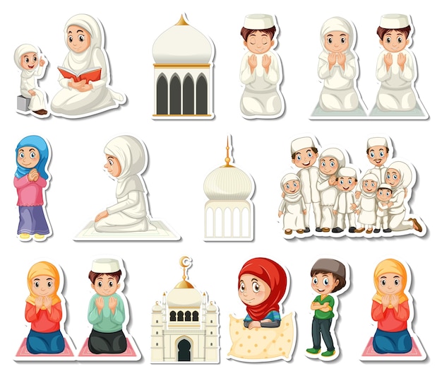 Sticker set of Islamic religious symbols and cartoon characters