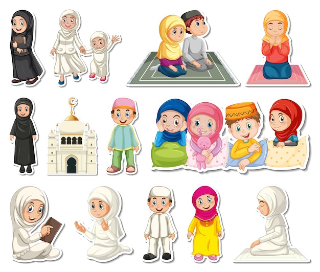 Free vector sticker set of islamic religious symbols and cartoon characters