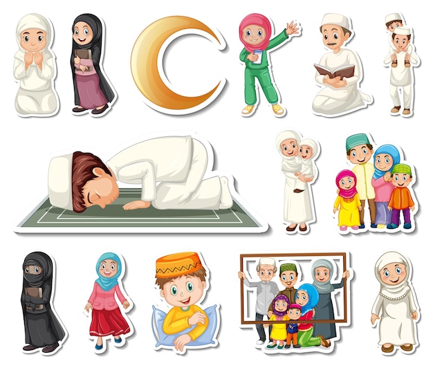 Free vector sticker set of islamic religious symbols and cartoon characters