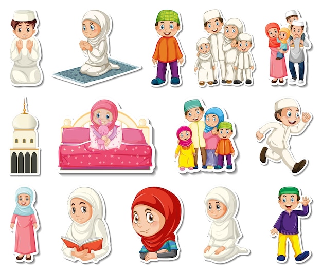 Free vector sticker set of islamic religious symbols and cartoon characters