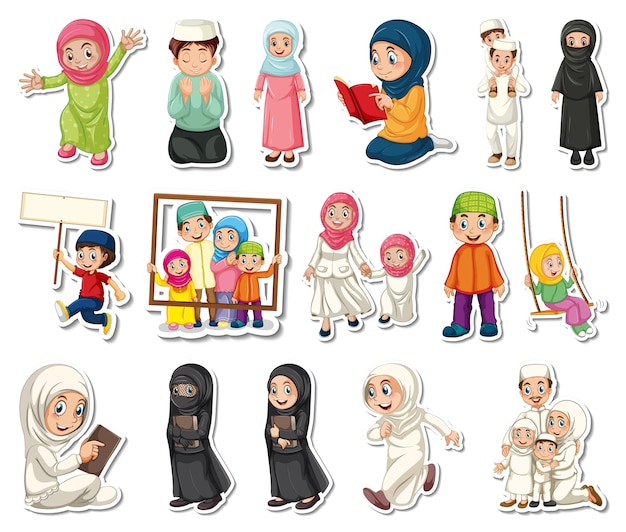 Free vector sticker set of islamic religious symbols and cartoon characters