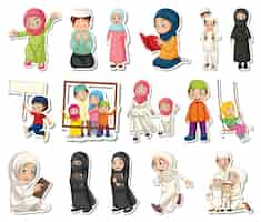 Free vector sticker set of islamic religious symbols and cartoon characters