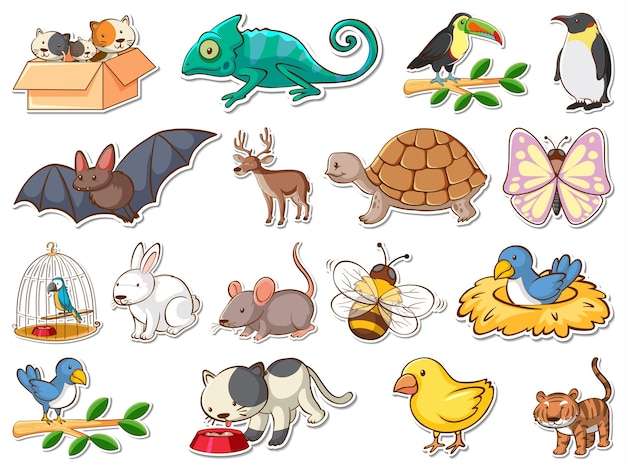 만화 야생 동물의 스티커 세트