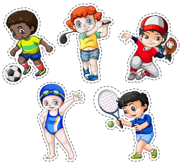 スポーツイラストをしている子供たちのステッカーセット