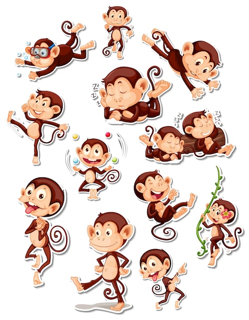 무료 벡터 재미 있는 원숭이 만화 캐릭터의 스티커 세트