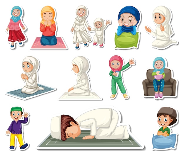 無料ベクター イスラム教の宗教的なシンボルと漫画のキャラクターのステッカーセット