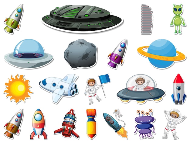 Sticker set of outer space objects and astronauts