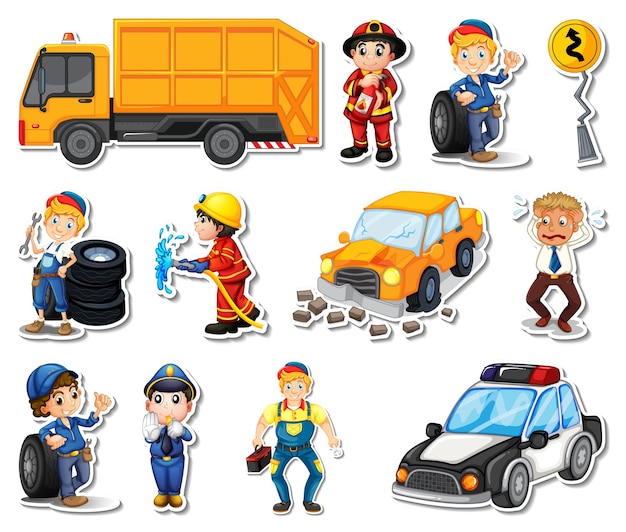 Sticker set of professions characters and objects