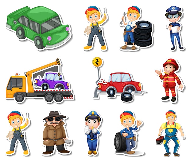 Free vector sticker set of professions characters and objects