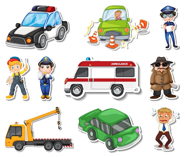 Sticker set of professions characters and objects