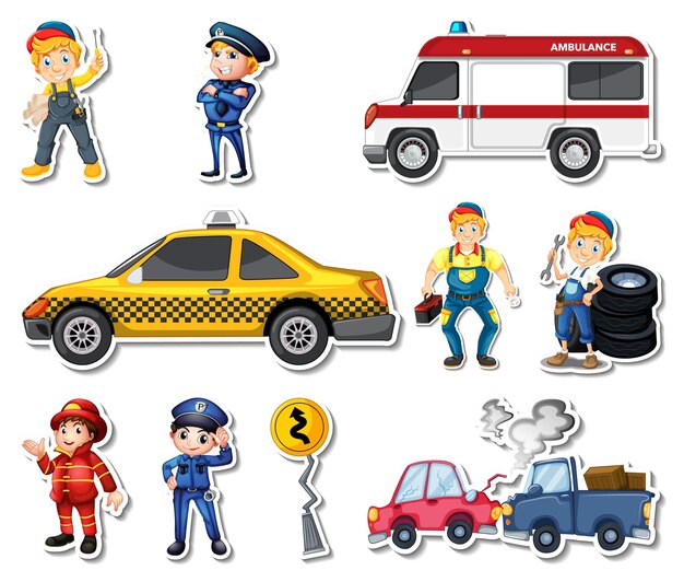 Sticker set of professions characters and objects