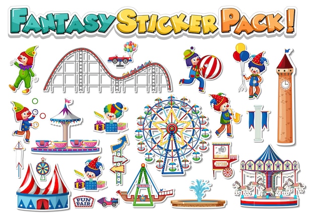 Sticker set with amusement park and funfair objects