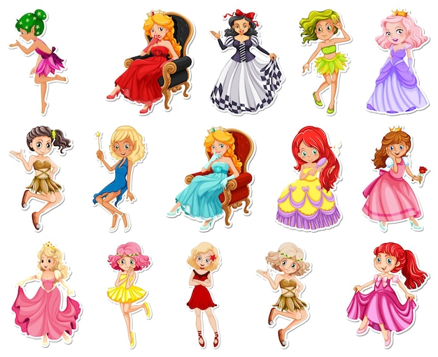 Free vector sticker set with different fairytale cartoon characters