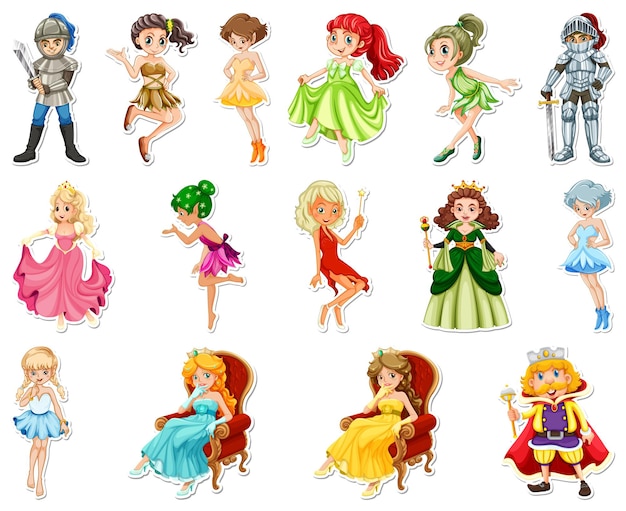 Free vector sticker set with different fairytale cartoon characters