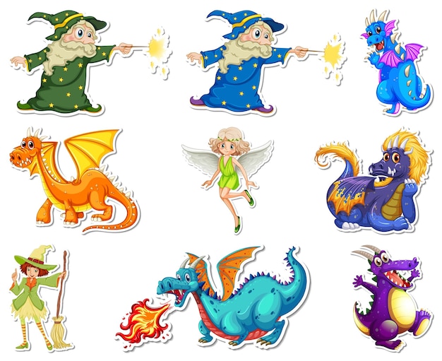 Sticker set with different fairytale cartoon characters