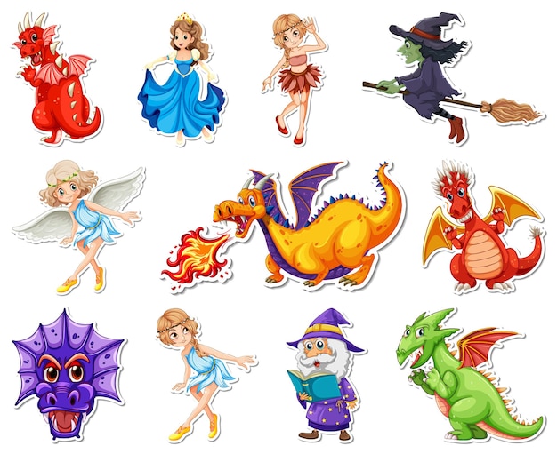 Free vector sticker set with different fairytale cartoon characters