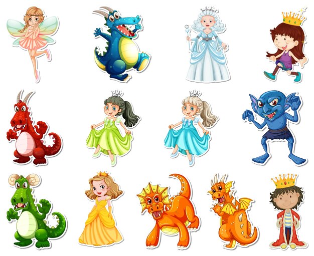 Sticker set with different fairytale cartoon characters