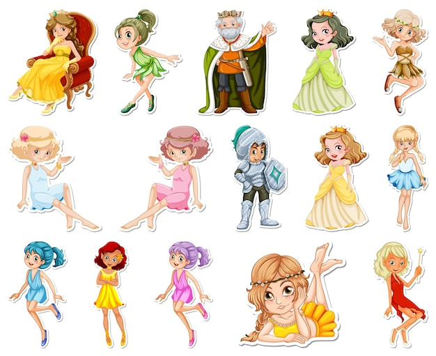 Free vector sticker set with different fairytale cartoon characters