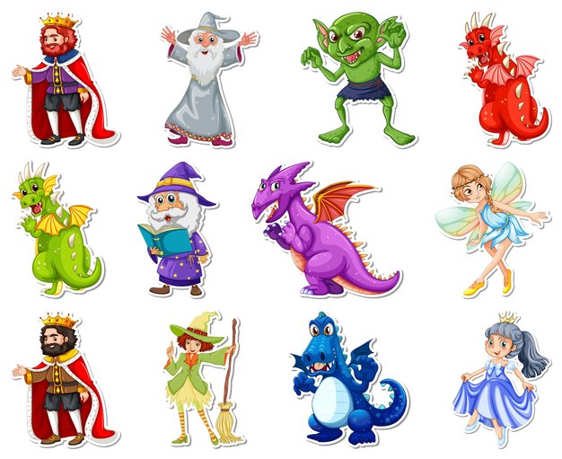 Sticker set with different fairytale cartoon characters