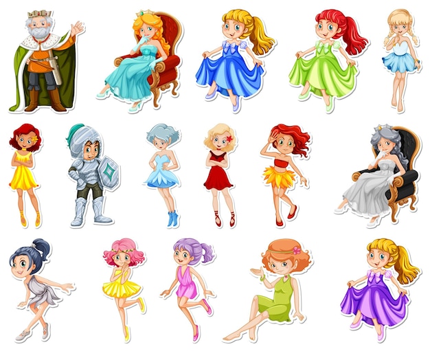 Sticker set with different fairytale cartoon characters