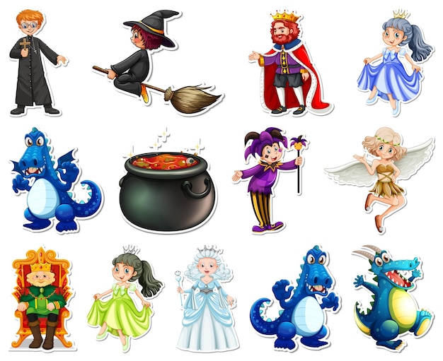 Free vector sticker set with different fairytale cartoon characters