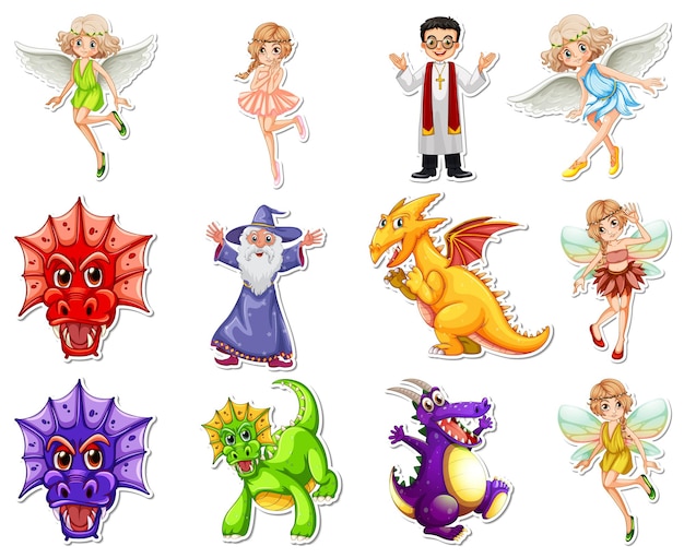 Sticker set with different fairytale cartoon characters