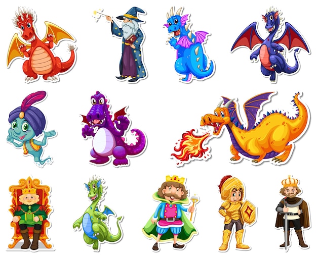 Sticker set with different fairytale cartoon characters