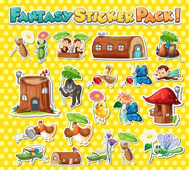 Sticker set with different fantasy cartoon characters