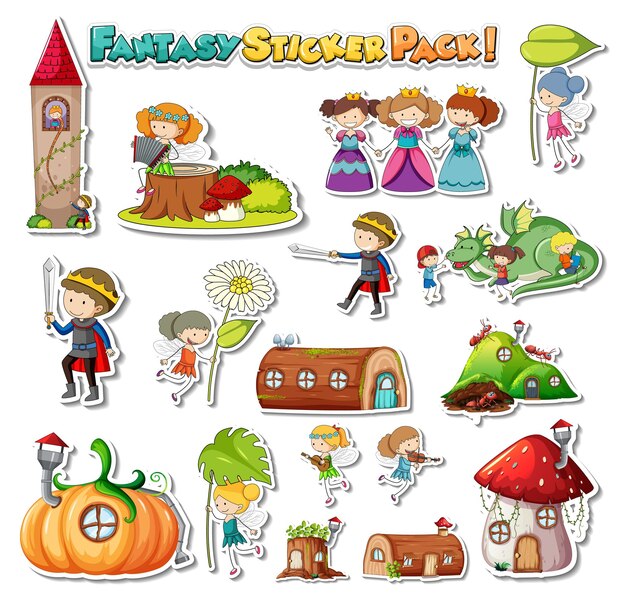 Sticker set with different fantasy cartoon characters