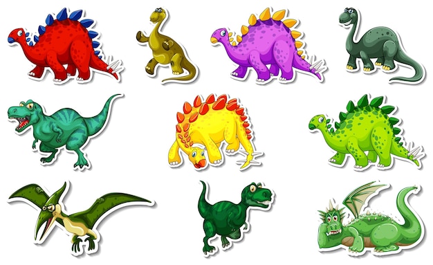 Sticker set with different types of dinosaurs cartoon characters