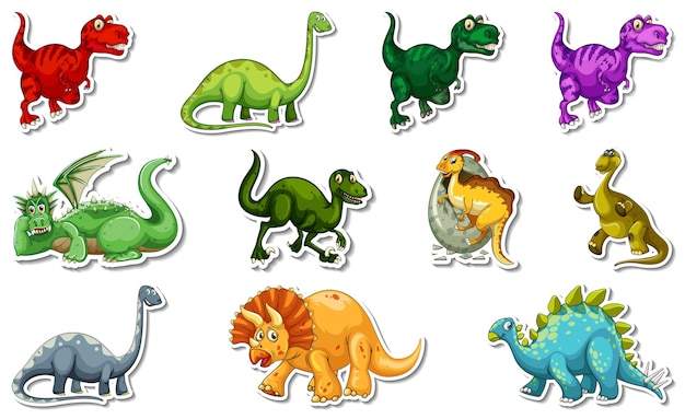 Sticker set with different types of dinosaurs cartoon characters