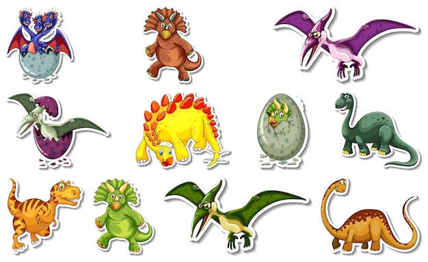Sticker set with different types of dinosaurs cartoon characters