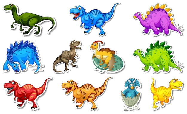 Free vector sticker set with different types of dinosaurs cartoon characters