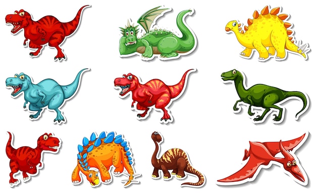 Free vector sticker set with different types of dinosaurs cartoon characters