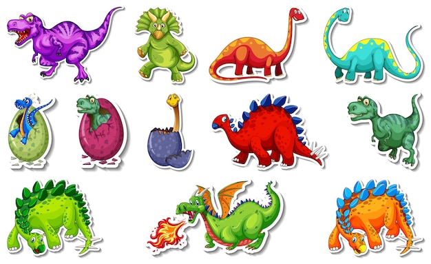 Sticker set with different types of dinosaurs cartoon characters