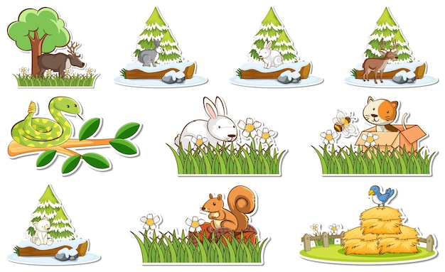Бесплатное векторное изображение Набор наклеек с различными дикими животными и элементами природы