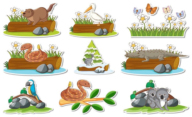 Sticker set with different wild animals and nature elements