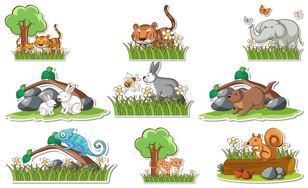 Set di adesivi con diversi animali selvatici ed elementi della natura