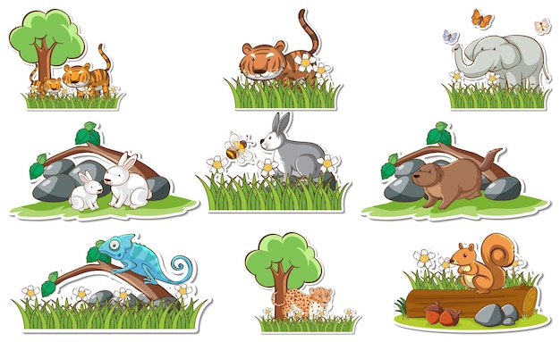 Sticker set with different wild animals and nature elements