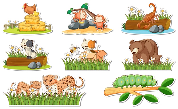 Sticker set with different wild animals and nature elements