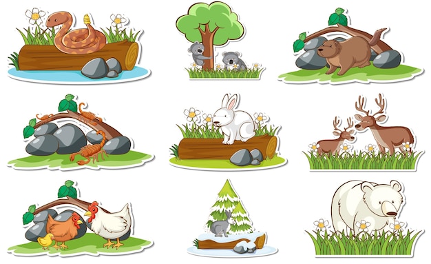 Sticker set with different wild animals and nature elements